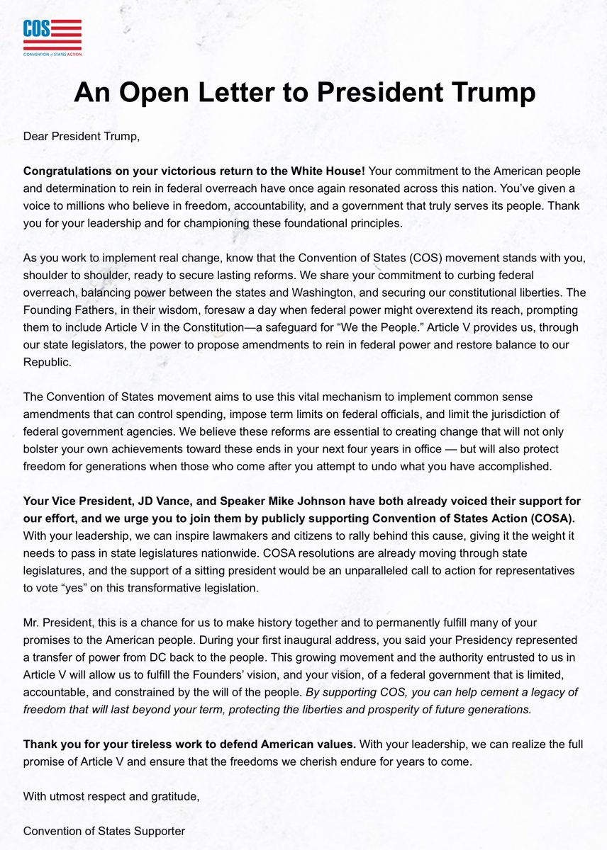 davetroy's tweet photo. This just in... the Convention of States folks are kicking in to activate the Trump administration around "Article V" power for states to amend the Constitution. Buckle up, the all-systems attack continues.
https://t.co/yBCKY451Hw https://t.co/TG26Pz6pVf