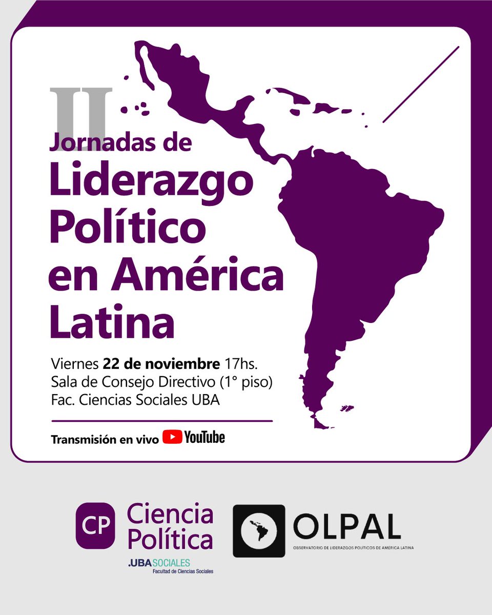 CpoliticaUBA's tweet photo. 👉Los/as invitamos a participar de las II Jornadas de Liderazgo Político en América Latina de @olpal_uba en la que destacados/as intelectuales van a abordar actualidad, perspectivas regionales y equilibrio en tiempos de crisis.

Más info en: https://t.co/79gfaxrQyr https://t.co/BeebjTlIvE