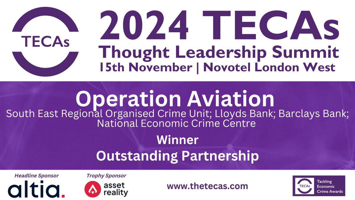 theTECAs's tweet photo. Next we have the Outstanding Partnership award and the winner is…………… Operation Aviation - @SouthEastROCU; @LloydsBank; @Barclays; NECC (@NCA_UK)!
Congratulations on this incredible achievement!
Headline Sponsor: @altiaabm | Trophy Sponsor: @asset_reality
#TECAs https://t.co/U8P2nRoO3t