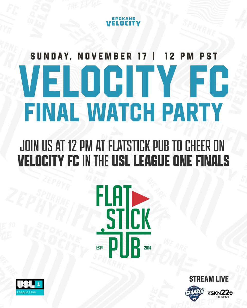SEE YOU SUNDAY 🌊

📍Flatstick Pub
🗓️ Sun., Nov. 17
⏰ 12 PM

#SpokaneVelocityFC #LeagueOne #BeatOMA #OMAvSPK #LetsGoSpo #UpTheFalls #USLPlayoffs