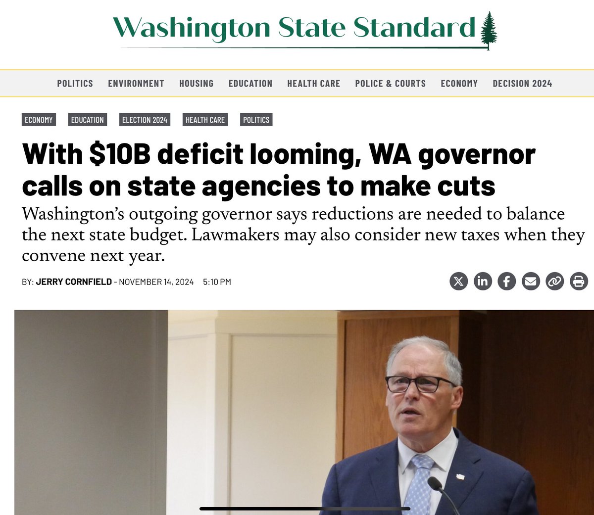 bkheywood's tweet photo. -we have gone from $19 billion in cumulative surpluses to $10-12 billion in projected deficits 
-our All Wise and All knowing governor has 
—-squandered the surplus 
—-raised taxes even higher
—-squandered that money 
—-created hidden taxes
—-taken $2billion from you when you fill
—-passed that out to his friends, cronies and anyone he might need politically

And then @GovInslee  goes overseas and calls us miscreants for opposing his feckless and pompous behavior…

The deficits, lack of any credible success on the environment,  and the poor performance of government have only one party to blame for this…. 

The same one that has been singularly in power for over 40 straight years.

Link in comments