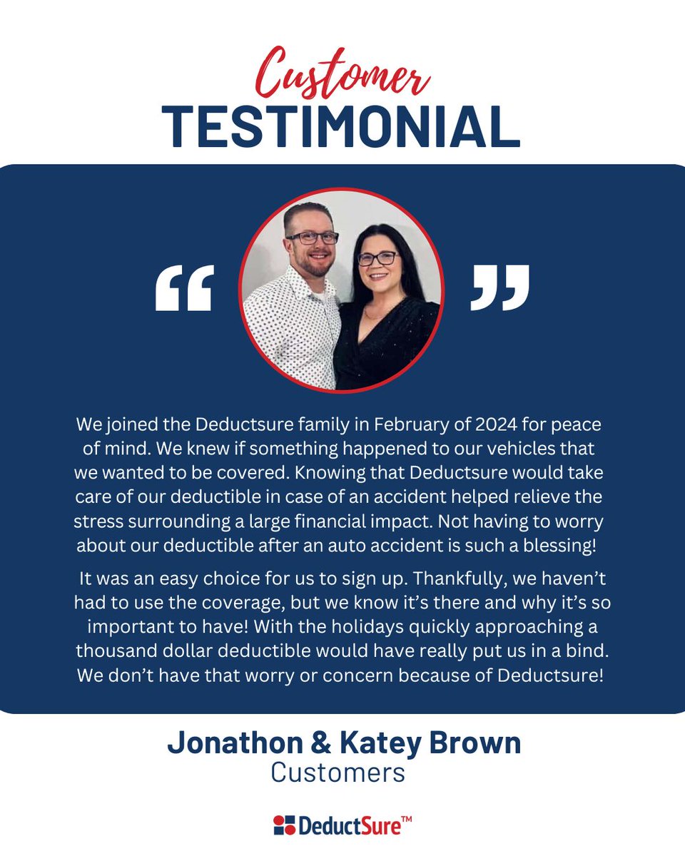 DeductSure's tweet photo. Meet Jonathon &amp; Katey Brown.

A big thank you for your amazing feedback! We’re thrilled to have you in our DeductSure family. 
Ready to BUNDLE your insurance and protect your deductible?

Click the link to join here:
https://t.co/OXjdvg9dsZ

#DeductSure https://t.co/KR79IhZwZc