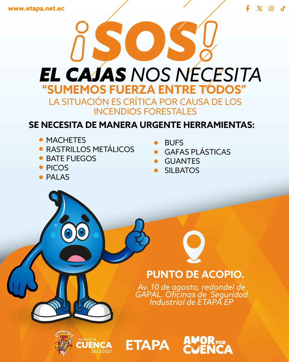 ETAPAOficial's tweet photo. Gracias a los cientos de personas e instituciones que acudieron  al llamado de ETAPA y nos trajeron víveres para nuestros bomberos y guardaparques.

La Emergencia no termina, necesitamos de tu apoyo con herramientas.

@czamoramatute 
@maveronicapolo 
@MunicipioCuenca https://t.co/apwUmq9cm0