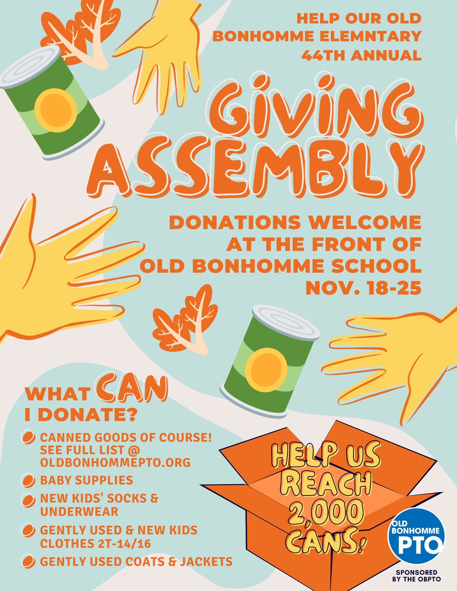 The City of Olivette (@cityofolivette) on Twitter photo Support Old Bonhomme Elementary and its 44th Annual Giving Assembly this holiday season!
Donate non-perishable food and gently used items from November 18th to 25th, and help them reach their goals! #support #giveback #donate <a href="/LadueSchools/">Ladue Schools</a> Support Old Bonhomme Elementary and its 44th Annual Giving Assembly this holiday season!
Donate non-perishable food and gently used items from November 18th to 25th, and help them reach their goals! #support #giveback #donate <a href="/LadueSchools/">Ladue Schools</a>