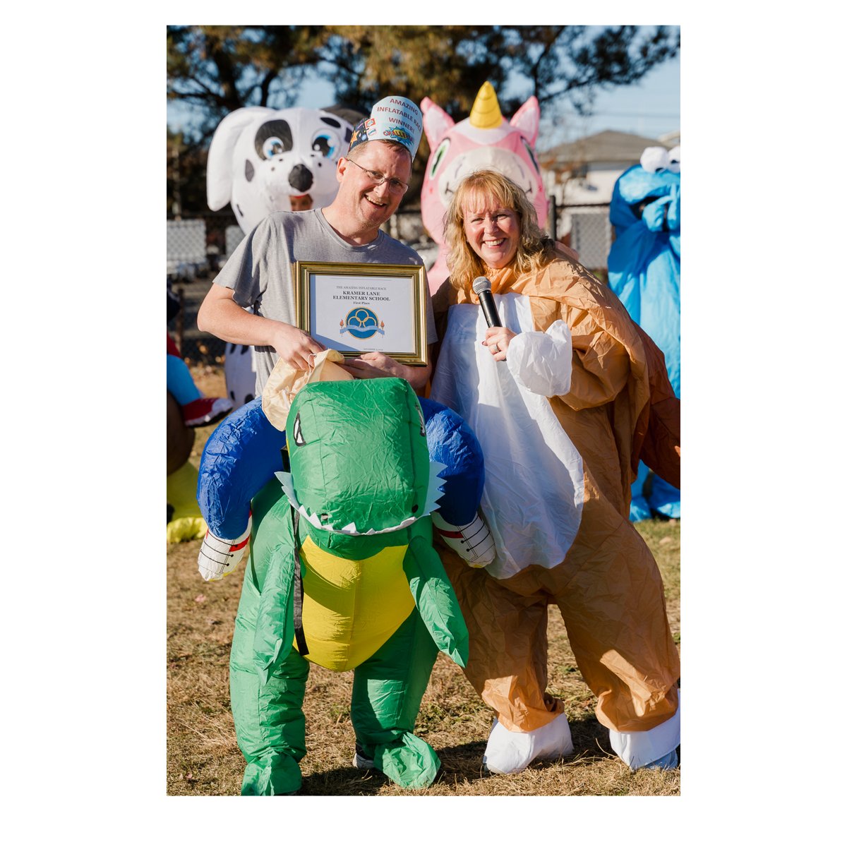 What a day at Kramer Lane’s Amazing Inflatable Race! 🏃‍♂️☀️ Staff raced, families cheered, and we raised $900 for hurricane relief. 👏 Shoutout to Mr. Zaborowski for the win 🏆 &amp; Principal McCarthy for rocking that inflatable dog costume! 🐶💛 #KramerLaneStrong #WeAreBethpage