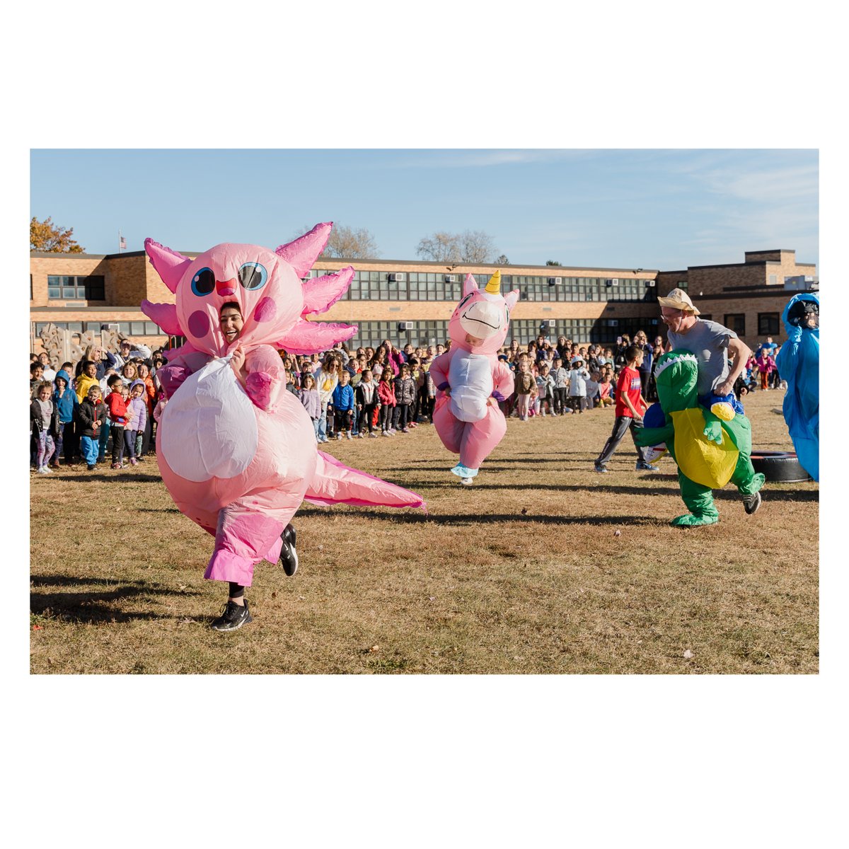 BethpageUFSD's tweet photo. What a day at Kramer Lane’s Amazing Inflatable Race! 🏃‍♂️☀️ Staff raced, families cheered, and we raised $900 for hurricane relief. 👏 Shoutout to Mr. Zaborowski for the win 🏆 &amp; Principal McCarthy for rocking that inflatable dog costume! 🐶💛 #KramerLaneStrong #WeAreBethpage https://t.co/MI7kpQQGXt