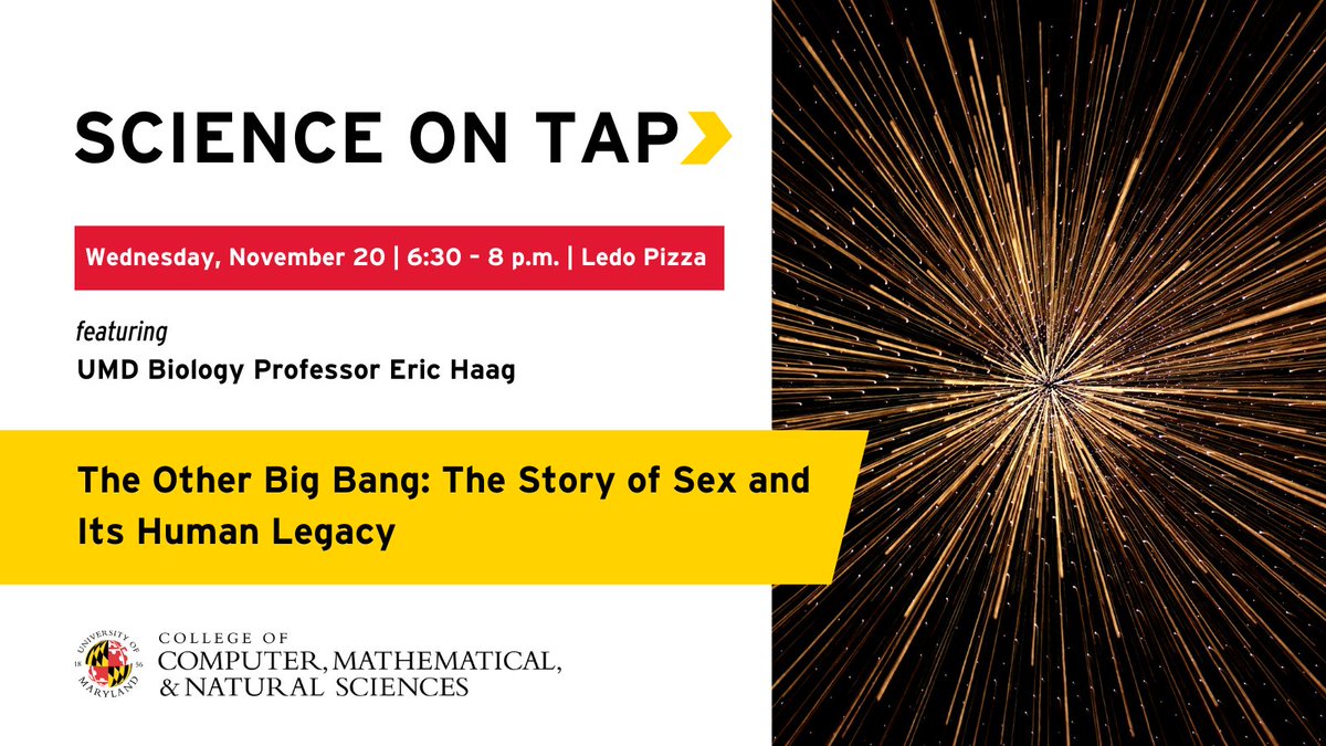 Why do we have sex, and sexes, at all? In his new book "The Other Big Bang," Biology Professor Eric Haag explores the two-billion-year history of sex.

At Science on Tap on Wednesday, November 20, Eric will give an informal talk on his new book. RSVP here: go.umd.edu/sot1124