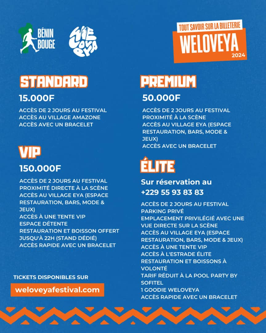 actualites229's tweet photo. 🔥Éyaaaaaa la billetterie du festival #Weloveya2024 qui aura lieu les 27 &amp; 28 décembre prochain à la place de l'amazone de cotonou est ouverte.
Rdv sur =》https://t.co/BdNbn4lhn4 
et clique sur ACHÈTE TON TICKET
⚠️ Weloveya est toujours Sold OUT donc achète vite ton ticket. https://t.co/iM9VvlpH93