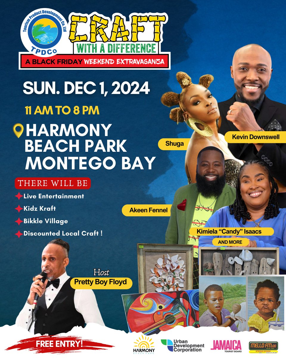 tpdcoja's tweet photo. Join us for Craft with a Difference - a Black Friday Weekend Extravaganza at Harmony Beach Park, Montego Bay! 

Enjoy live entertainment, kid-friendly activities, delicious bites, and discounted local crafts on Sunday, December 1, 2024, from 11 AM to 8 PM. Free entry! 

Don't miss performances by Kevin Downswell, Shuga, Akeen Fennel, Kimiela 'Candy' Isaacs, and more, hosted by Pretty Boy Floyd!

#CraftWithADifference #tpdcomontegobay #craftfair #SupportLocalJA #tpdcoja #jamaicancraft #artisans #savethedate