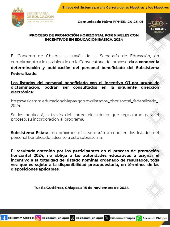 Edu_Chis's tweet photo. *PROMOCIÓN HORIZONTAL POR NIVELES CON INCENTIVOS EN EDUCACIÓN BÁSICA, 2024*
El Gobierno de Chiapas, a través de la Secretaría de Educación, en cumplimiento a lo establecido en la Convocatoria del proceso;... (1/2)⬇️ https://t.co/TSPwBtFkRo