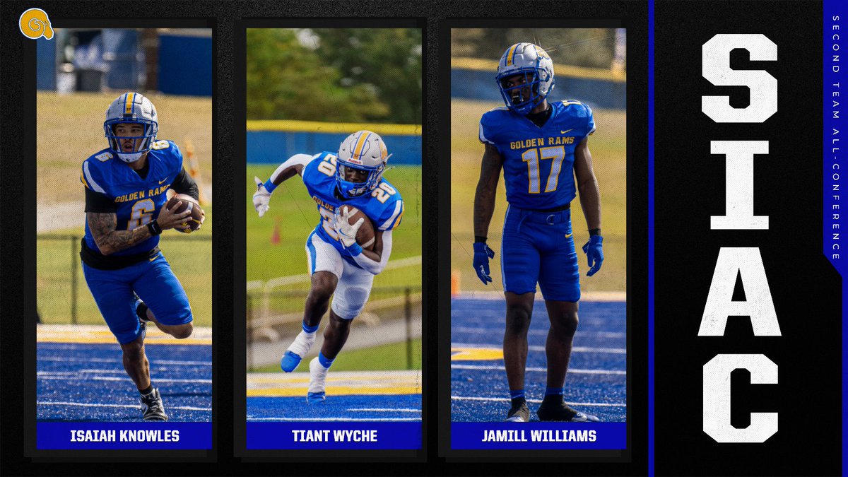 💪🏆 All-Conference Honors Alert! 🏈
Isaiah Knowles - Offensive Player of the Year
Tiant Wyche - Newcomer of the Year
Ahmed Brimah - First Team All-Conference
All-Conference Second Team Honorees: Isaiah Knowles, Jamill Williams, Tiant Wyche 🐏🏈 #ALL #GoldenRamsPride