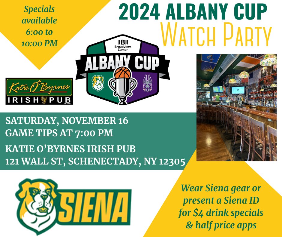🏀🏆 Can't make it in person to the #AlbanyCup tomorrow?

Check out these watch parties at Recovery Sports Grill in Rensselaer or Katie O'Byrnes in Schenectady, featuring specials for #SienaSaints fans 

#MarchOn