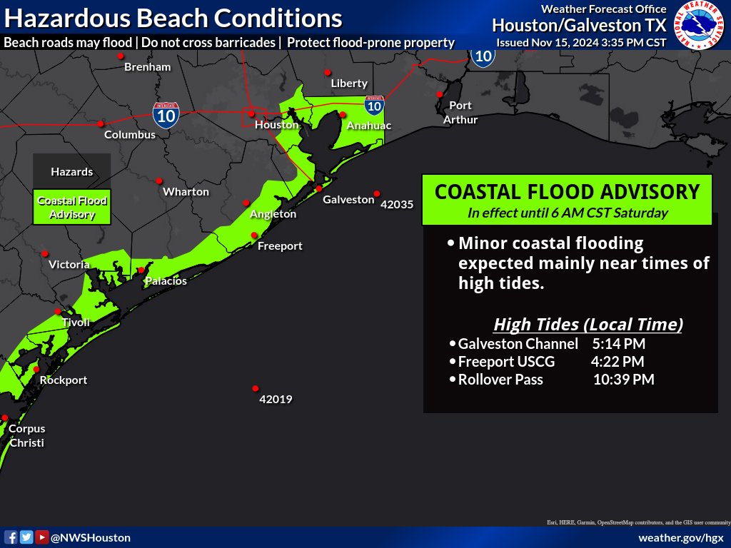 NWSHouston's tweet photo. Elevated water levels at high tide may result in minor coastal flooding this evening. This could lead to isolated road closures. Do not drive around barricades or through water of unknown depth. #TXwx #HOUwx https://t.co/gkfzyGk0fD