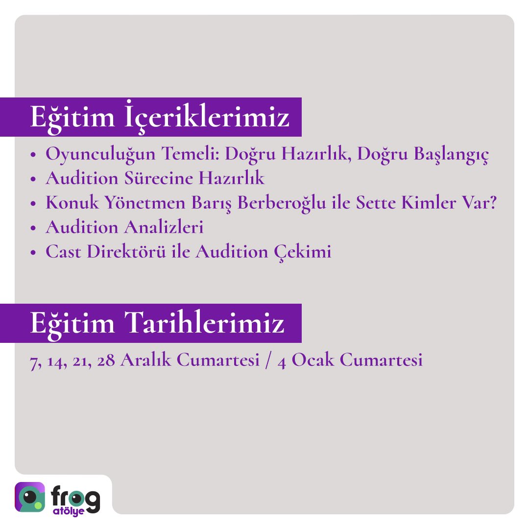 frogatolye's tweet photo. Nurdan Irmak Berberoğlu ile Frog Atölye’de Audition Atölyesine katıl, sahneye hazırlan! Bu atölyede, audition sürecinde ihtiyacın olan tüm teknikleri öğrenecek, cast direktörlerinin beklentilerini nasıl karşılayacağını keşfedeceksin.

☎️0 544 169 53 93 https://t.co/Pcwcw07BAm