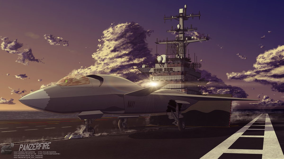 Commision for deviantart.com/thormemeson

"An F/A-48 takes off from the #carrier deck of CVN100 to support the Spainish royal family's efforts against rebel forces."

#Commission #CommissionedArt #jetfighter #Navy #AirForce #military