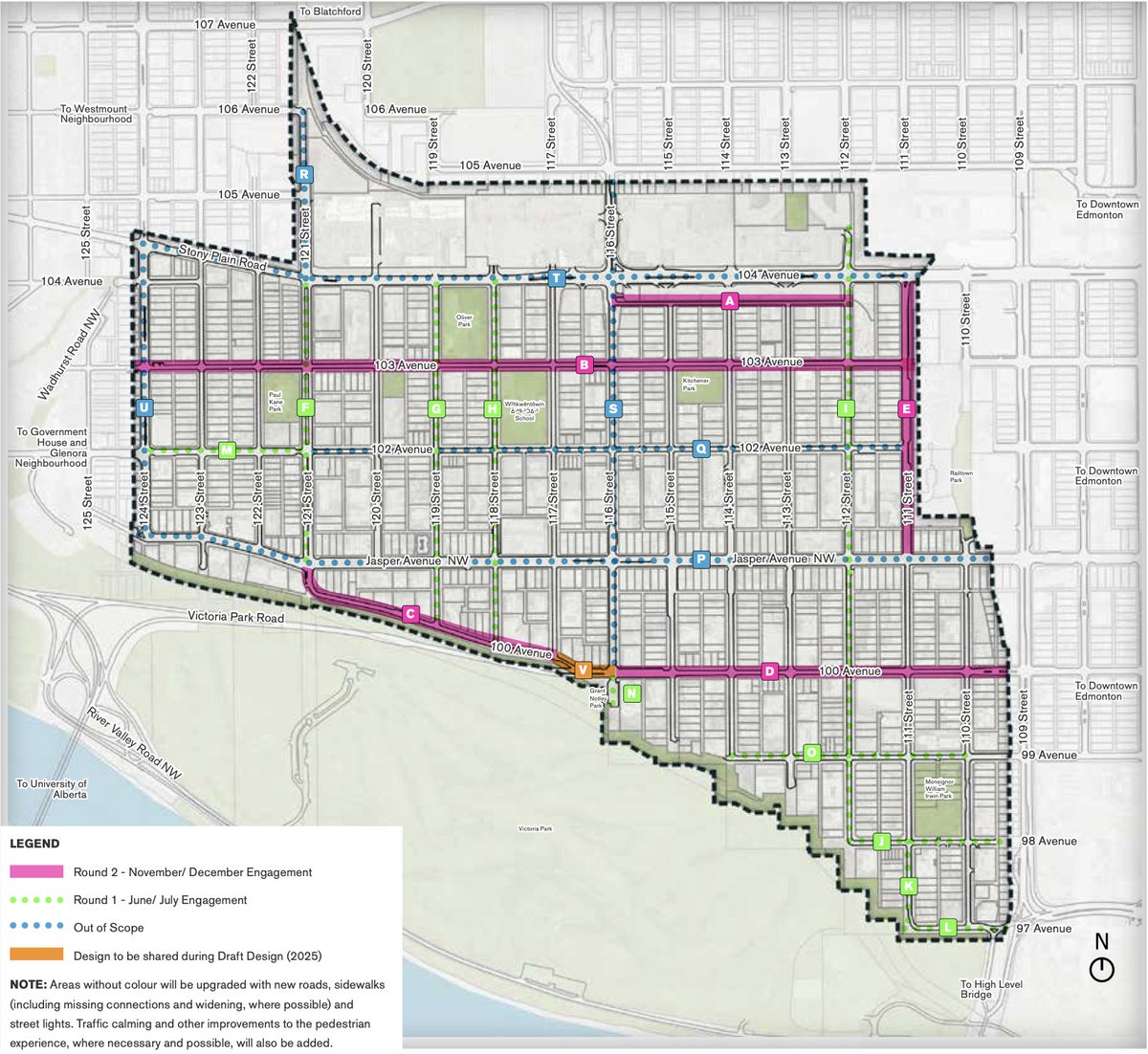 The second round of Wîhkwêntôwin ᐄᐧᐦᑫᐧᐣᑑᐃᐧᐣ (Oliver) neighbourhood renewal is looking for public feedback! 
Share your thoughts for renewing the pink areas on the map below :) #YEGwalk #YEGbike #YEGroll 
edmonton.ca/transportation…