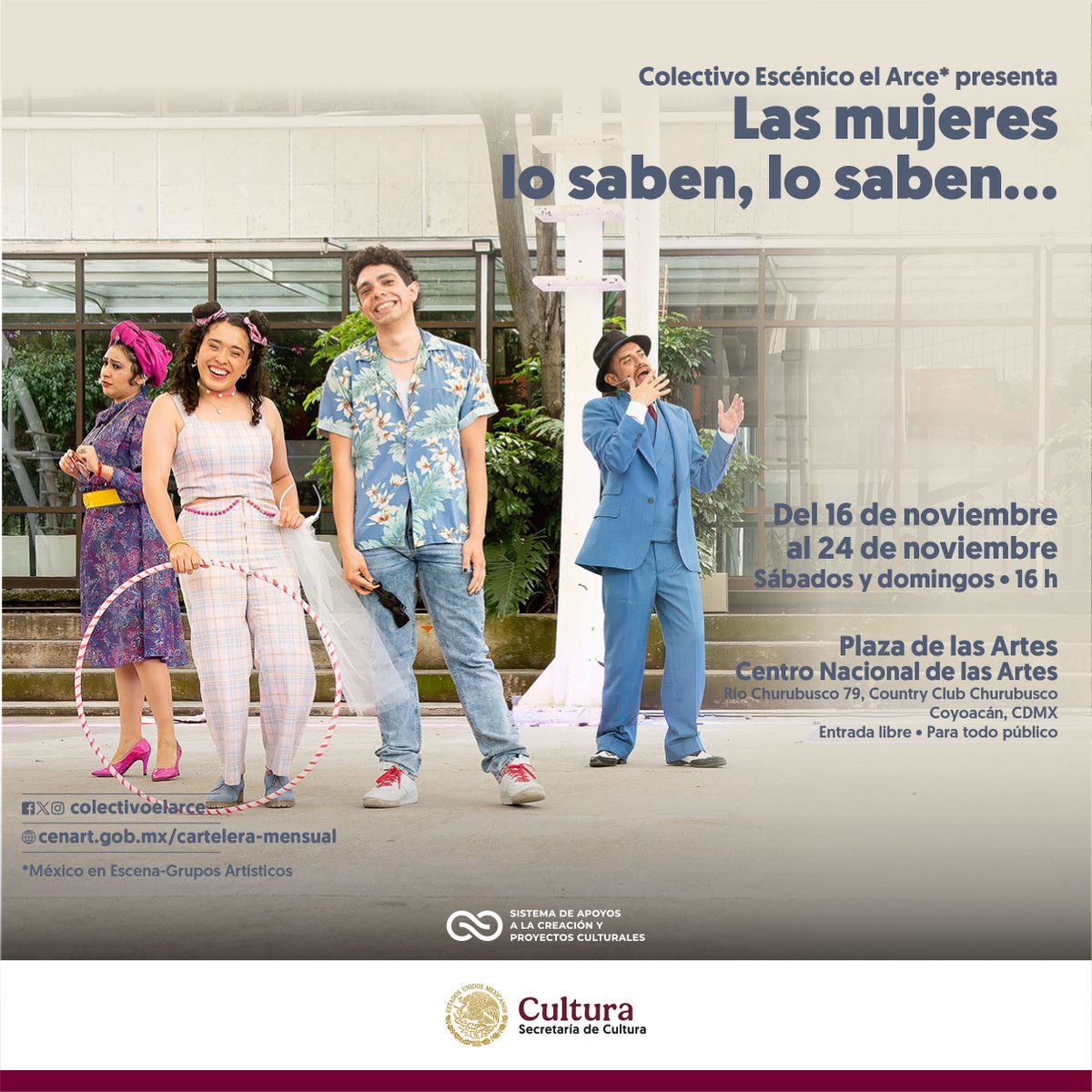 <a href="/ColectivoElArce/">Colectivo Escénico El Arce</a> (México en Escena) invita a la puesta en escena de “Las mujeres lo saben, lo saben...”, una divertida historia de dos enamorados de la salsa que luchan por estar juntos.

16 a 24 de noviembre
<a href="/cenartmx/">Centro Nacional de las Artes</a>
Entrada libre

<a href="/cultura_mx/">Secretaría de Cultura</a>