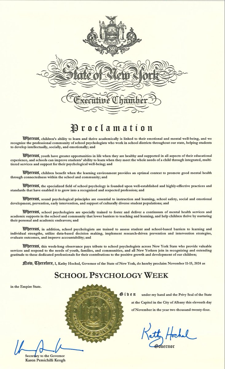 Official proclamation of National School Psychology Week in NY from Governor Kathy Hochul! 

Thank you <a href="/GovKathyHochul/">Governor Kathy Hochul</a> for recognizing how #SchoolPsychologists in NY help children thrive! #SchoolPsychWeek <a href="/nasponline/">National Association of School Psychologists</a>