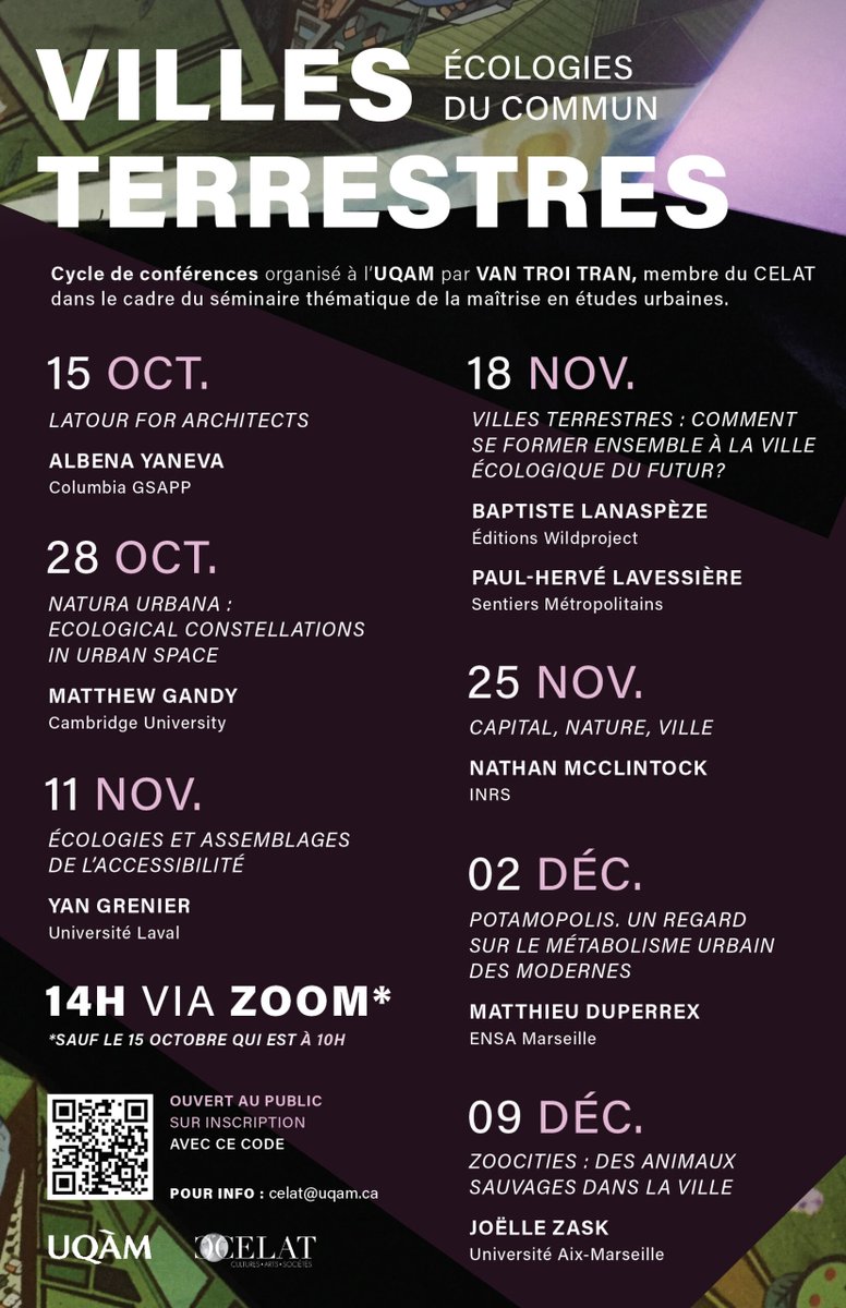 LeCELAT's tweet photo. 🌱 Le 18 novembre à 14h, @BaptisteLan (@wild_project) et Paul-Hervé Lavessière (Sentiers métropolitains) présenteront la conférence en ligne «Villes terrestres: comment se former ensemble à la #ville #écologique du futur?».  @CelatUqam @VtroiTran
→ https://t.co/6lHGt6hV2i https://t.co/NXYxgwJh5A