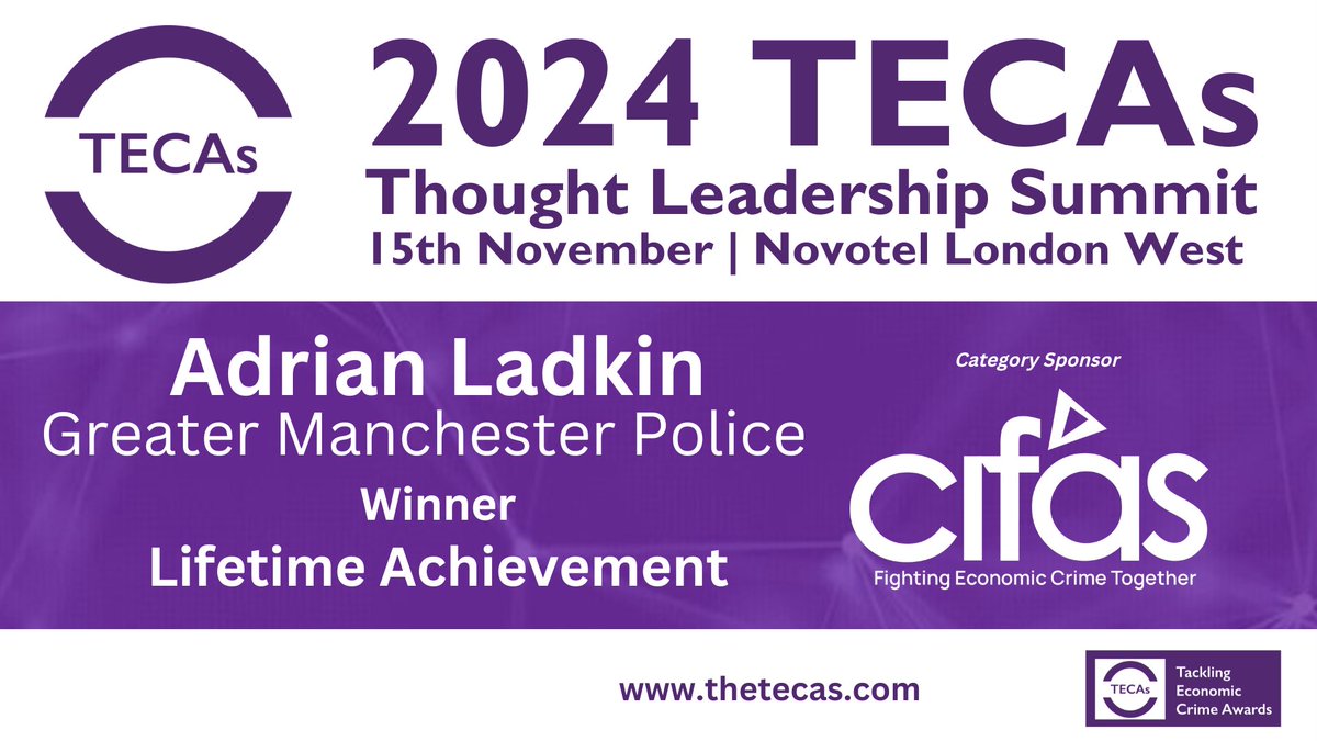 theTECAs's tweet photo. The final award tonight is the prestigious Lifetime Achievement award, sponsored by @CifasUK, and the winner is Adrian Larkin from @gmpolice!
Many congratulations Adrian on this incredible achievement!
#TECAs https://t.co/oQs3adVEwE