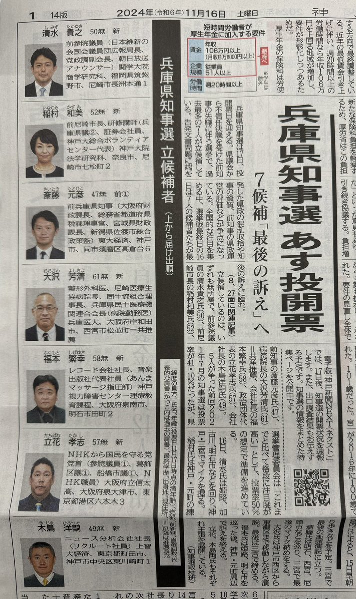 兵庫県知事選、最終日です。今朝の神戸新聞一面には、今回の選挙は「投票率50%の想定」と書かれています。
率直な感想ですが、我々普通の人の熱い想いをなめたらあかんぞ、です。
ここまできたら絶対に勝ちきりましょう！既得権があっと驚く投票率、得票数を目指して！