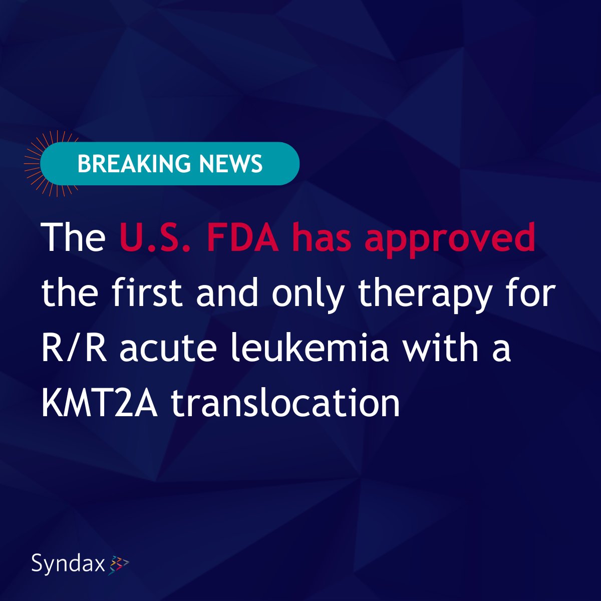 #NewsAlert: We are thrilled to announce a major milestone for Syndax. The U.S. Food and Drug Administration (FDA) has now approved the first and only therapy for relapsed or refractory acute leukemia with a KMT2A translocation.

We would like to extend our heartfelt gratitude to