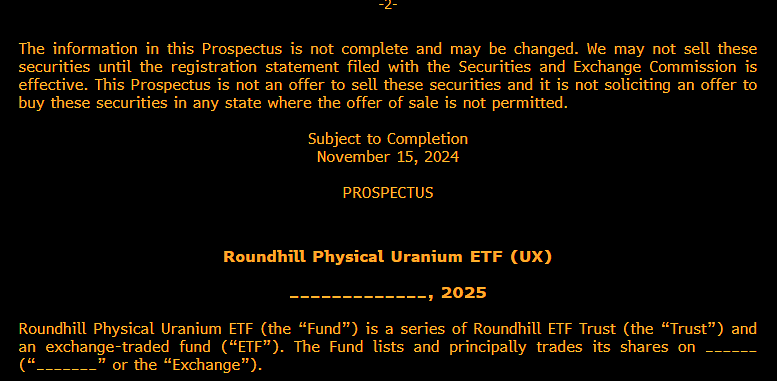 James Seyffart (@jseyff) on Twitter photo INTERESTING: <a href="/roundhill/">Roundhill Investments</a> just submitted a filing for a Physical Uranium ETF.
The SEC has rejected attempts at this in past. Maybe the new incoming SEC admin will think about it differently? INTERESTING: <a href="/roundhill/">Roundhill Investments</a> just submitted a filing for a Physical Uranium ETF.
The SEC has rejected attempts at this in past. Maybe the new incoming SEC admin will think about it differently?