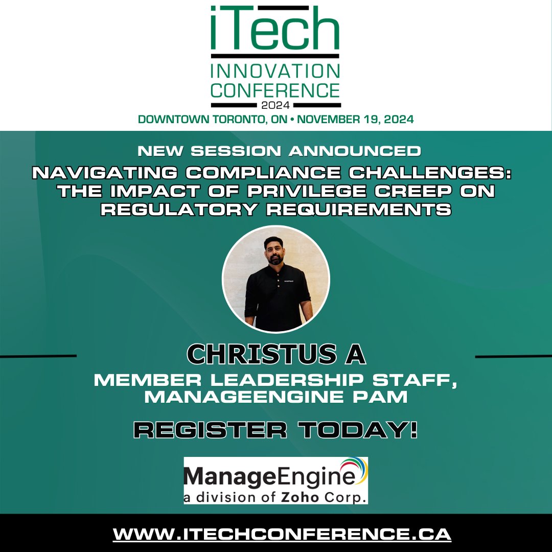 Stay Ahead of Compliance Challenges!  Join us for an insightful session: Navigating Compliance Challenges: The Impact of Privilege Creep on Regulatory Requirements.

🌐 Downtown Toronto, ON - November 19, 2024
👉 Secure your spot now! ow.ly/LLCh50U8kyA

#iTECH #iTECH2024