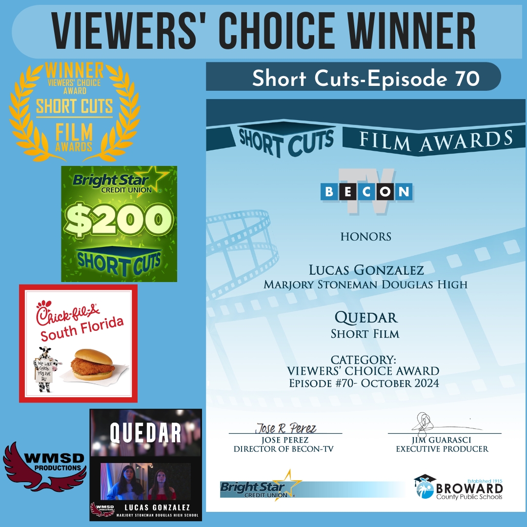 shortcutstv's tweet photo. Congrats Lucas Gonzalez from @wmsdtv
Your #ShortFilm #Quedar was voted the Viewers’ Choice Winner for episode 70!
Cast/Crew: Camila G, Melissa A, Lexi P, Gabriel N
You won an Award certificate, $200 from @BrightStarCU, chicken sandwiches from @chickfila of SFla! https://t.co/rnZxweIFFU