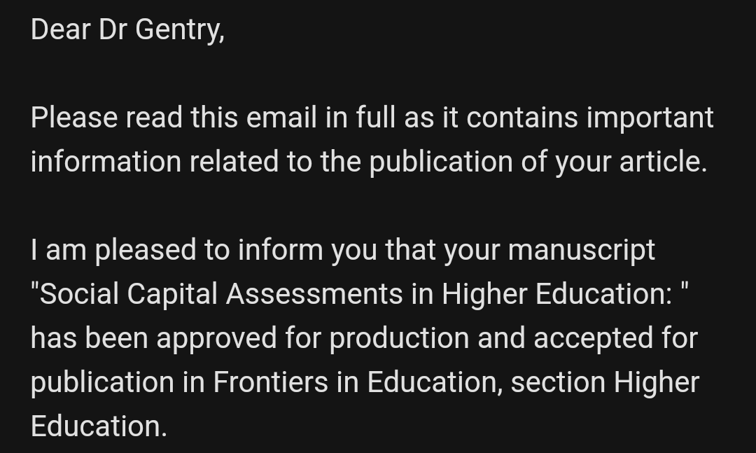 nat_gentry's tweet photo. SUPER excited to share my first journal publication will be a FIRST AUTHOR publication. Four years in the making (!!) my systematic review on assessment methods and operationalizations for social capital in HE will be published!! https://t.co/KZWm7RM9Aw