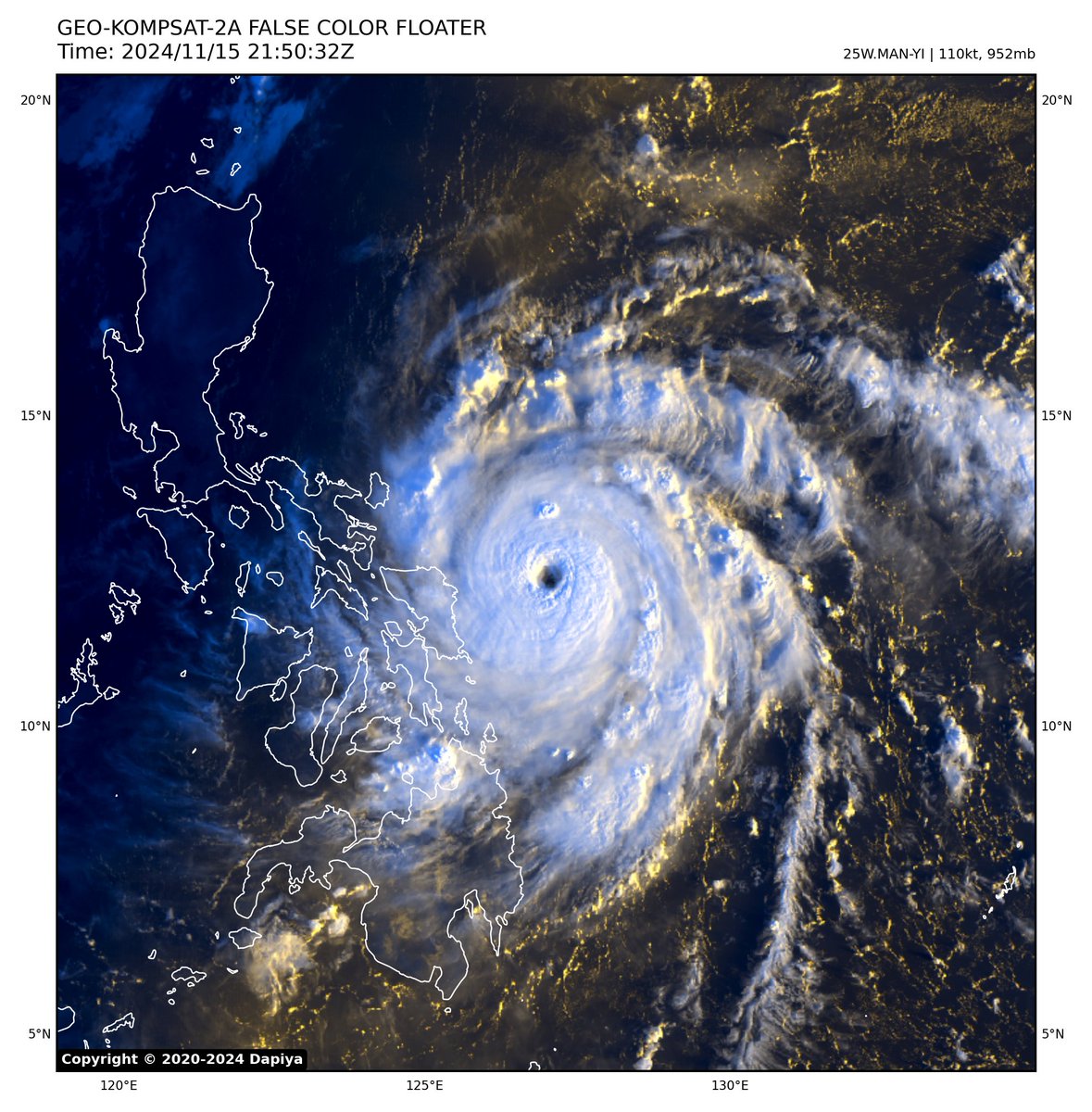 marvinoloris's tweet photo. #Typhoon #ManYi #PepitoPH is now a high-end CAT-3 storm with sustained winds of 205 kph (1-min) per JTWC. 175 kph (10-min) per @dost_pagasa and JMA. Still intensifying. This will be the most intense tropical cyclone to hit #Catanduanes since Super Typhoon #Goni #RollyPH in 2020. https://t.co/mNa61C75Af