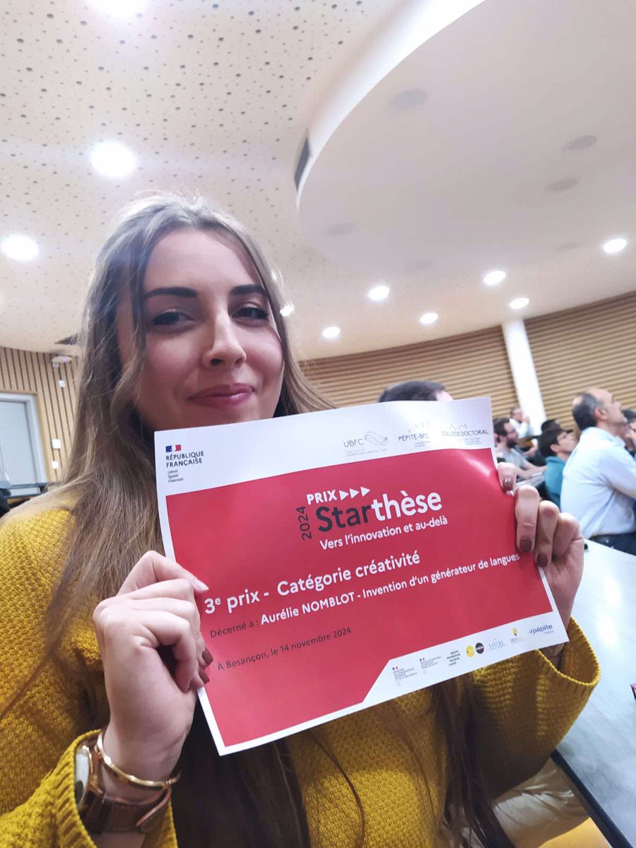 AurelieNomblot's tweet photo. Merci à @Univ_BFC et @pepite_ubfc pour cette belle opportunité lors du challenge STARTHESE 2024. Heureuse et honorée d'avoir été récompensée pour mon projet de générateur de langues aux côtés de tant de projets inspirants ! 🎉 #STARTHESE2024 #Innovation #UBFC #PEPITE https://t.co/qcnHOfVYe6