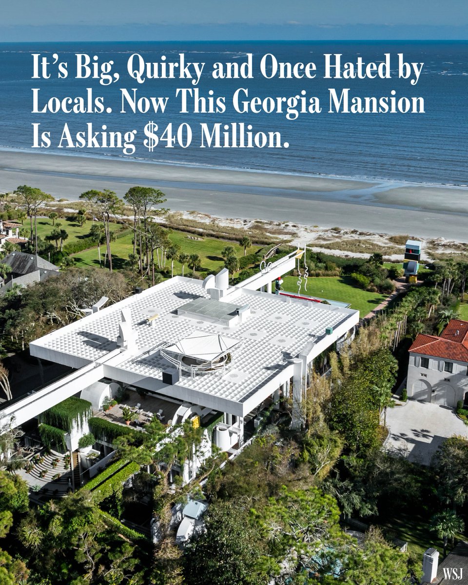 WSJ's tweet photo. On Georgia's Sea Island, a roughly 12,500-square-foot contemporary mansion is hitting the market for $40 million. The house will be one of the most expensive in the state. https://t.co/2Vi0sycq2e https://t.co/vHdcMDnXoc