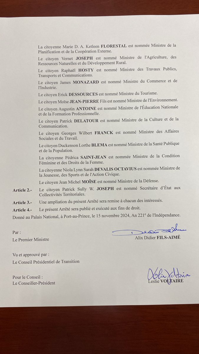 Voici la liste officielle de la composition du nouveau gouvernement d'Alix Didier Fils Aimé. <a href="/josephlunieOFF/">LUNIE JOSEPH 🇭🇹</a> <a href="/PrimatureHT/">Primature de la République d’Haïti</a> <a href="/citoyendidier/">Alix Didier Fils-Aimé</a>