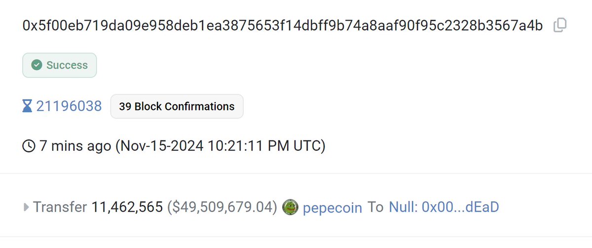 As evidence of our commitment to the PepeCoin community, and the continued pursuit of PepeCoin rarity...

Excess tokens remaining from the L1 migration last year were burned:

11.46M tokens (~$50M in USD equivalent) 🔥

We’ll always take it rare. 🐸🪙