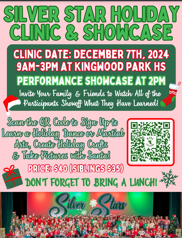 Check out this fun opportunity for students on Dec 7.  Silver Star Holiday Clinic and Showcase at Kingwood Park High School!