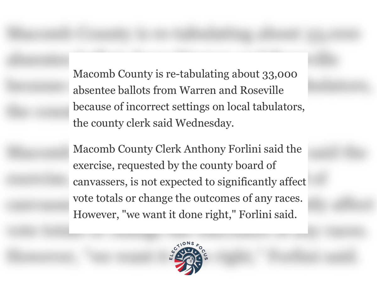 ElectionsFocus's tweet image. Macomb County is in the process of re-tabulating approximately 33,000 absentee ballots from the municipalities of Warren and Roseville due to erroneous settings on the local tabulating machines, as disclosed by the county clerk on Wednesday.