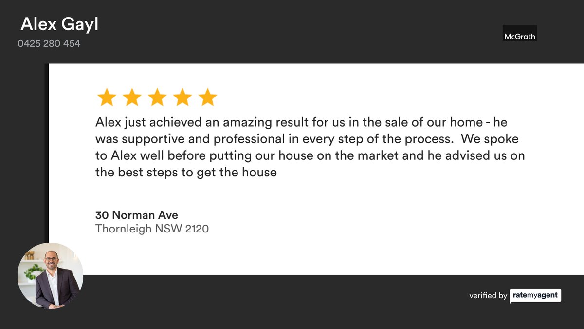 AlexGayl's tweet photo. My latest RateMyAgent review in Thornleigh.

https://t.co/RHuFP8khe8

...
#ratemyagent #realestate #McGrath_Wahroonga https://t.co/2EYM7y889a