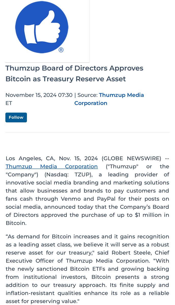 JUST IN: Thumzup, a Los Angeles-based social media marketing firm, announced  the purchase of $1 million in #Bitcoin as a treasury reserve asset.
