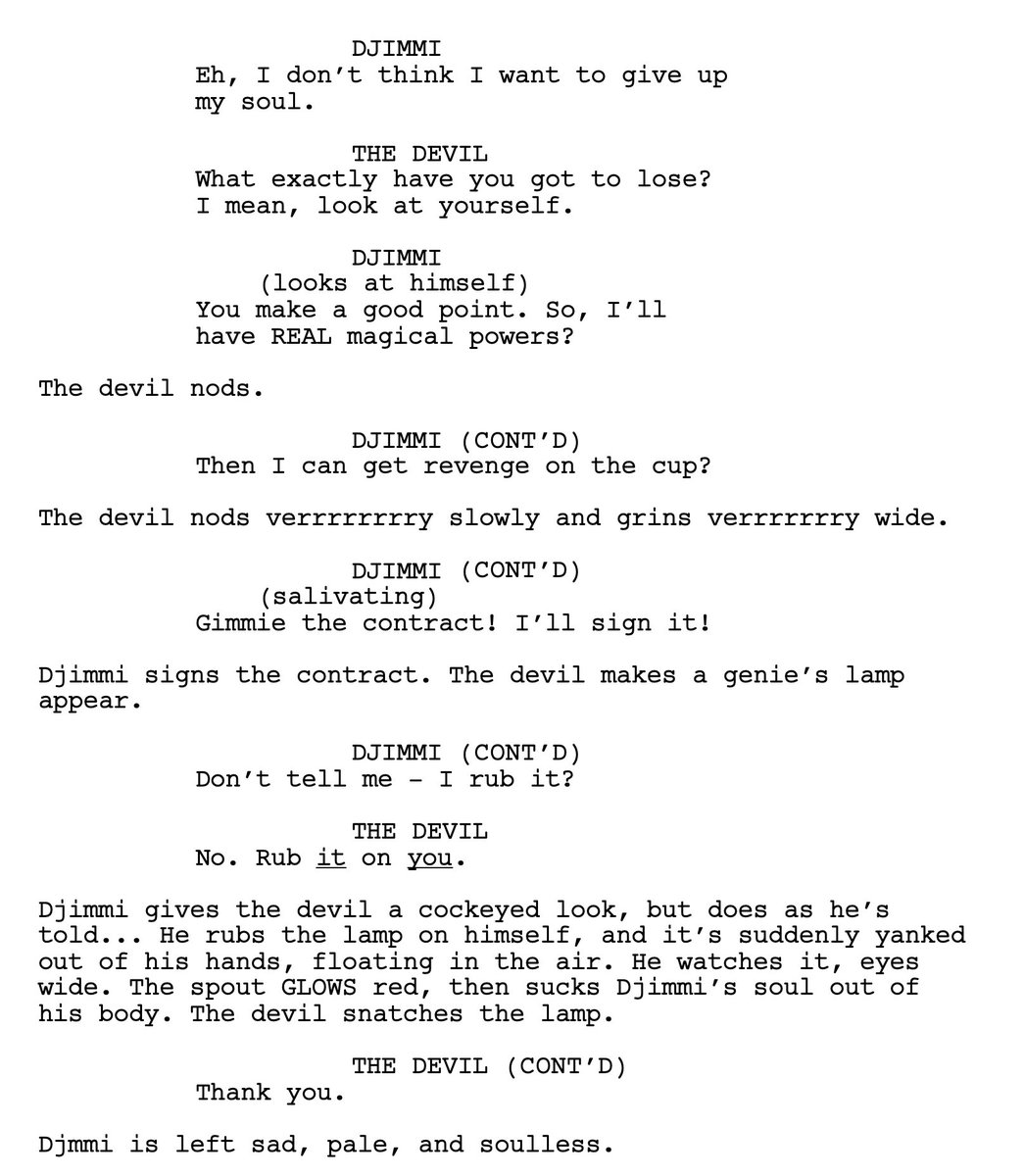 DeekiDeke's tweet photo. In celebration of "devildjimmi thursday," here's another glimpse at a super-early "pitch script" for the first pitch of the Djimmi ep "Strange Magic" - and you can see *incredible* storyboards from that ep in THE ART OF THE CUPHEAD SHOW - buy it todayyyyy! https://t.co/snG2tLYu3g