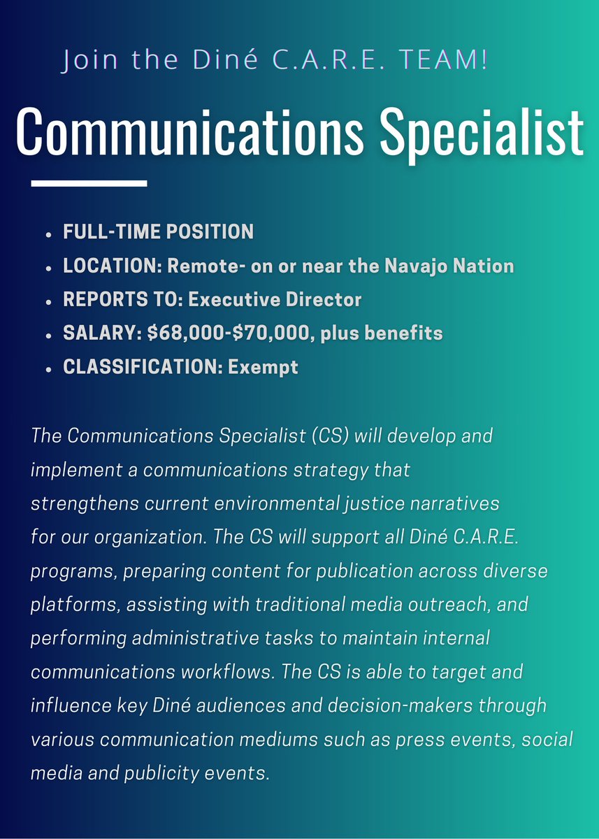 We're hiring! Applications accepted now until Dec 20, 2024. We are looking for energetic &amp; talented Diné advocates who will be dedicated to protecting our communities, land &amp; health. Full job descriptions are available on our website. Benefits included.