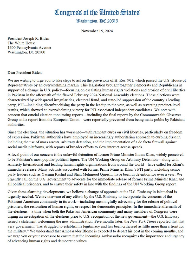 ChangePakPolicy's tweet image. BREAKING: With new bipartisan letter, 99 Congressmembers join calls for Imran Khan’s release, condemn Asim Munir’s authoritarian crackdown
"We urgently call on the U.S. government to advocate for the immediate release of former Prime Minister Khan and all political prisoners"