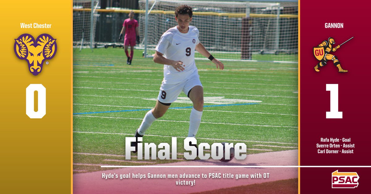 GUKnights's tweet photo. Title-game bound!
The Gannon men's soccer team claims a 1-0 win over West Chester early in overtime in the PSAC semifinals.
Rafa Hyde scores in front off a beautiful crossing pass from Sverre Orten. Orten and Carl Dorner get assists.
GU plays Bloomsburg on Sunday!
@GannonMSoccer https://t.co/A66UuBlEys