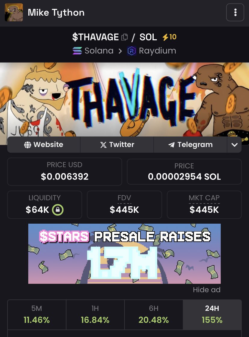 SarahSendit94's tweet photo. @TheCryptoLark @ColdBloodShill Less than 12hrs until the fight &amp; #OG @MikeTyson meme coin $THAVAG 100% has crazy potential 🥊🥊

BULLISH AF narrative - $400k  🚀

#TysonPaul

New ATH thoon!

BMWUxm3JJrYn73rxYyfuAsmZZwpG7tGiDr5Qs2VYtGzZ

$sol #1000x $eth $mike https://t.co/926n7hQQpt