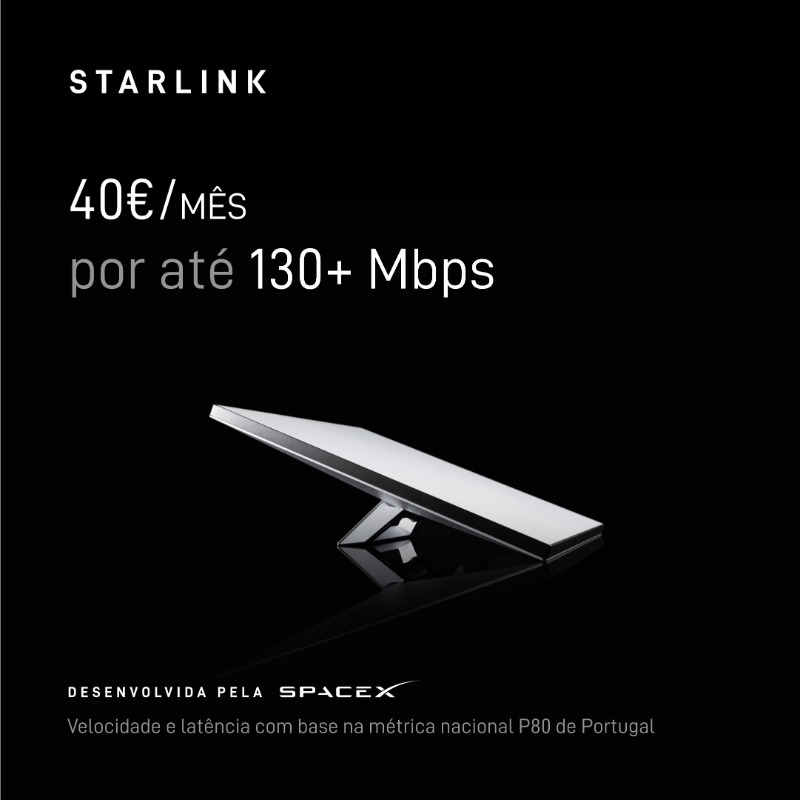 Starlink's tweet photo. A Starlink Mini está agora disponível em Portugal!
Encomendar online em menos de 2 minutos