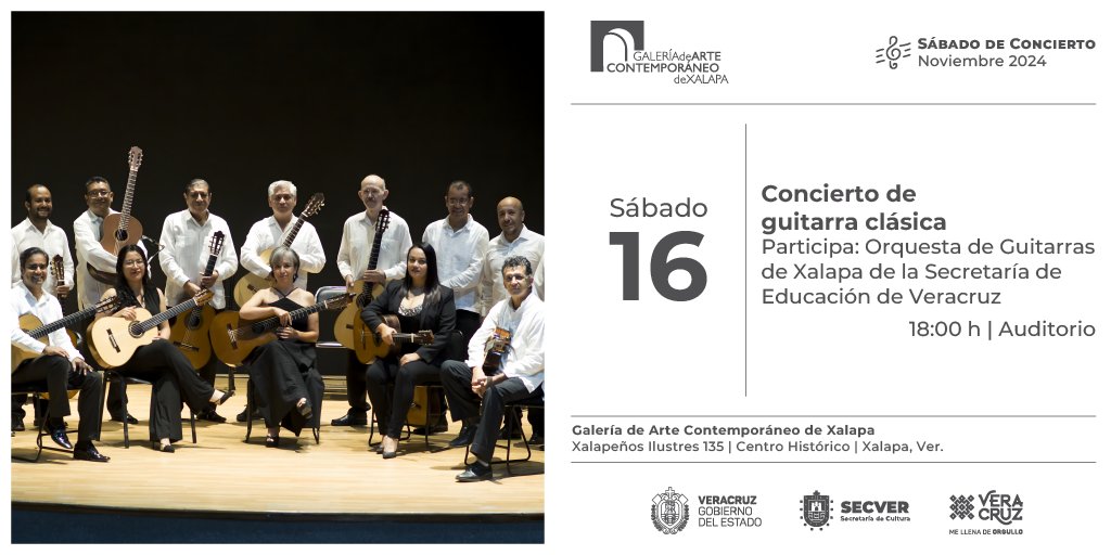 🎶 ¡Hoy es día de #música!

Hoy en nuestro programa de #SábadoDeConcierto nos acompaña la Orquesta de Guitarras de Xalapa, quienes nos deleitarán con un maravilloso repertorio para un concierto de guitarra clásica.
🗓️ Hoy
⏰ 18:00 h
🎟 Entrada libre
