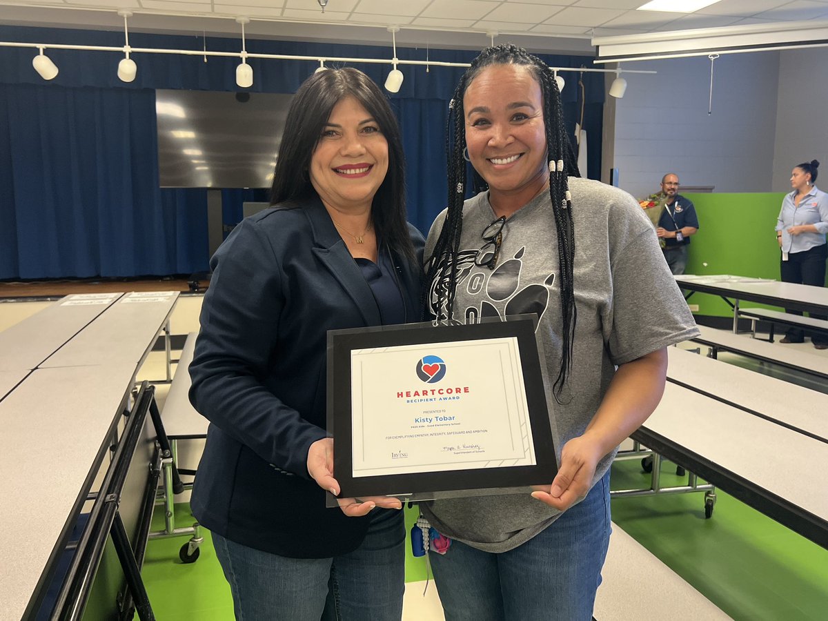 IrvingISD's tweet photo. We are so proud to award the #HeartCore award to #myIrvingISD PASS Aid, Kisty Tobar! She was nominated by 1️⃣5️⃣ of her fellow @JohnRGood educators for embodying the core values of Empathy, Integrity, Safeguard and Ambition in her day to day work! Thank you for your passion and love for our students ❤️