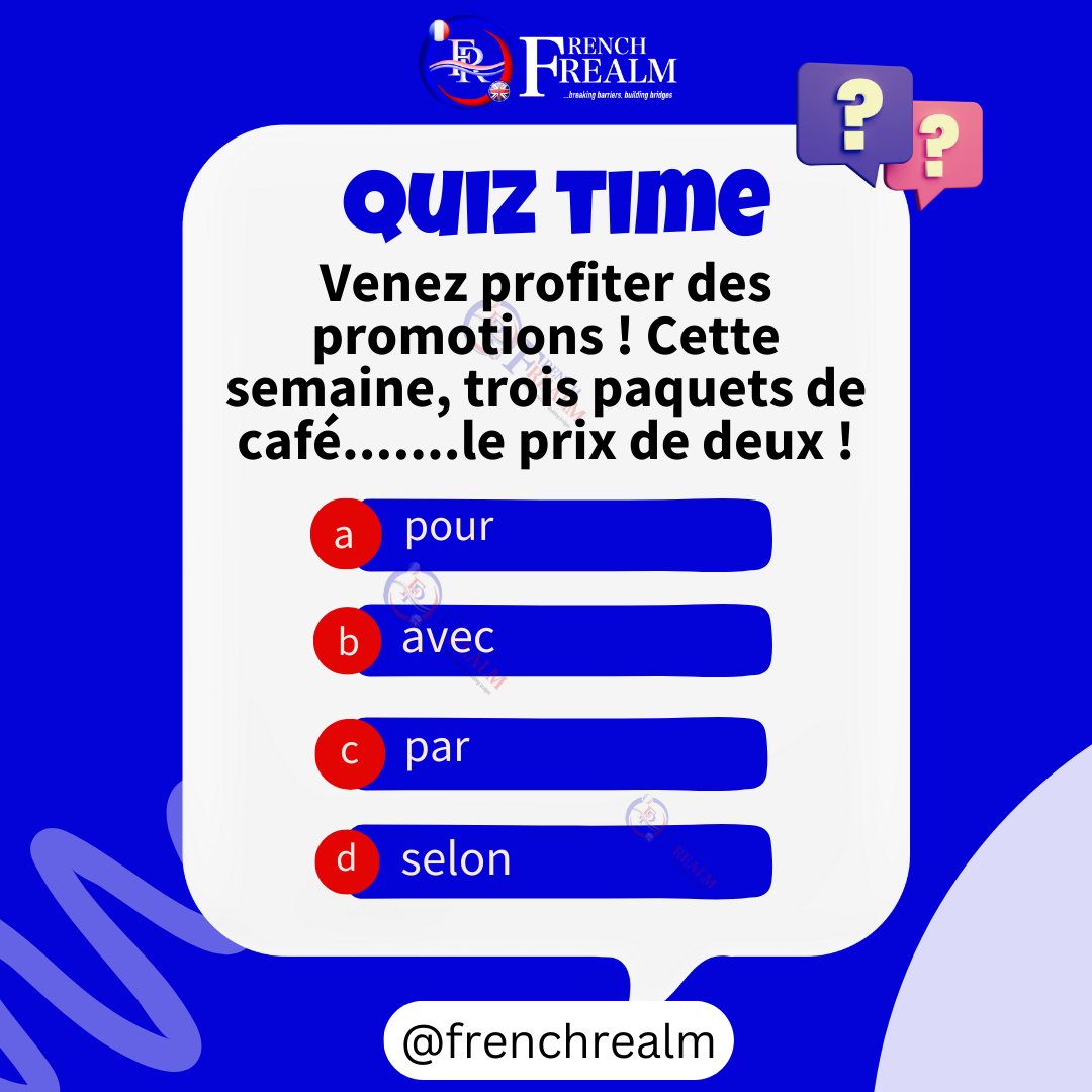 FrenchRealmFR's tweet photo. Are you confident in your French skills? Let's put them to the test with this quiz!
Did you get it right? Give your answers in the comment section
Merci...
#FrenchQuiz #FrenchLanguageChallenge #LearnFrench #Education #Quiztime #OnlineFrenchclass #TEF #Tefcanada #Frenchrealm https://t.co/P172e07rwA