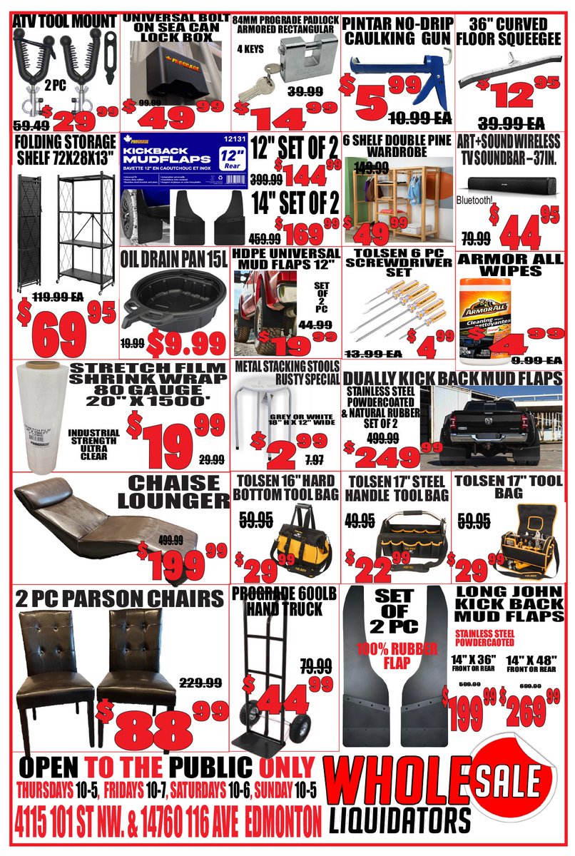Grocery and more Liquidation on now 
November 14, 15, 16 , 16 . 
See pics or link for address and hours . 
2 locations in Edmonton 
wholesaleliquidators.ca/in-store-flyer…