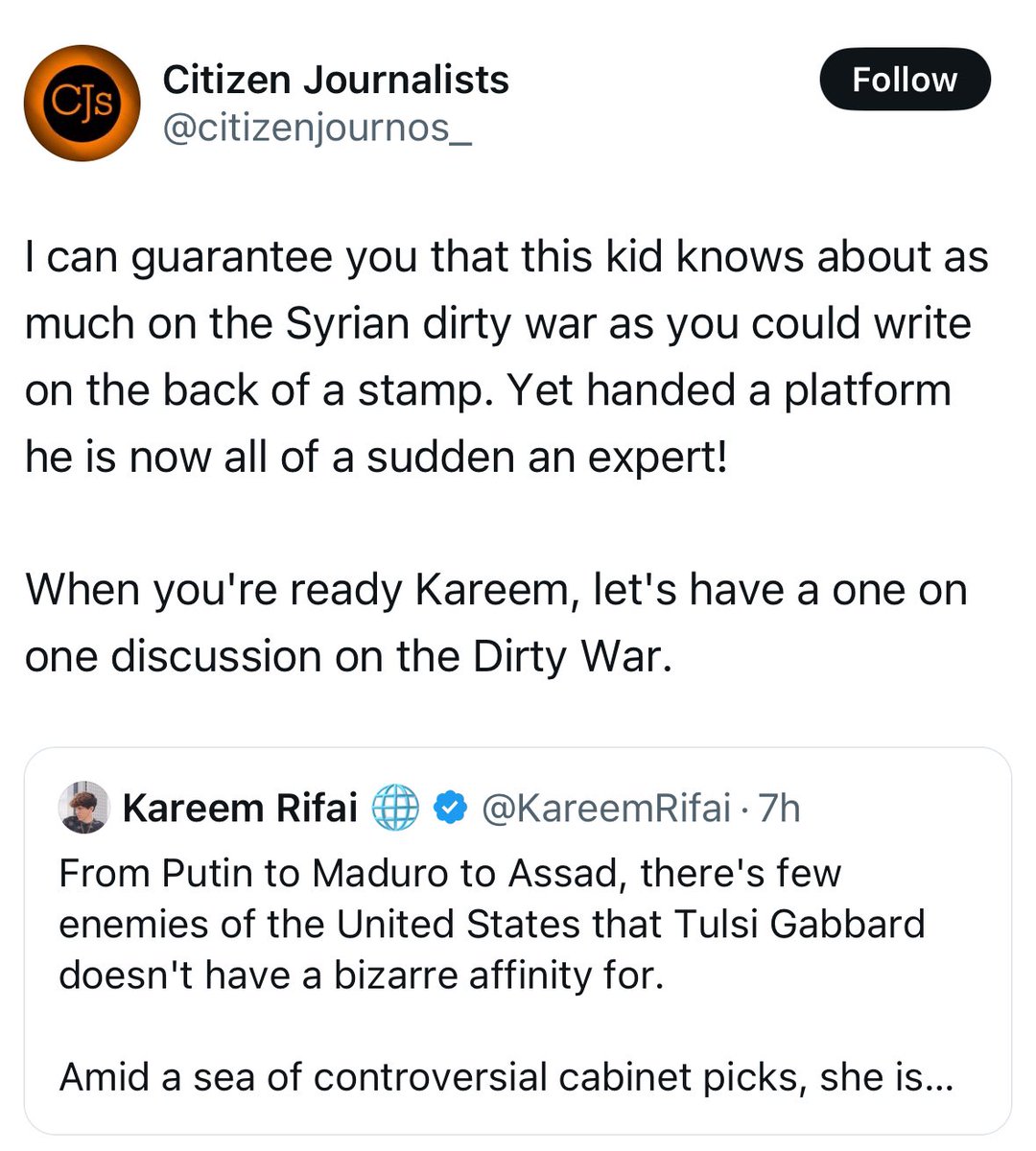 KareemRifai's tweet photo. Assad blew up my grandparents' home with a tank and put my mom on a list for criticizing his regime.

You could say I know a little bit about Syria. Just a tad! https://t.co/GmygcNmWsi